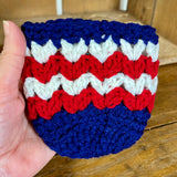 Patriotic Ice Cream Pint Cozy Crochet Red White Blue Summer Holiday Dessert Sleeve