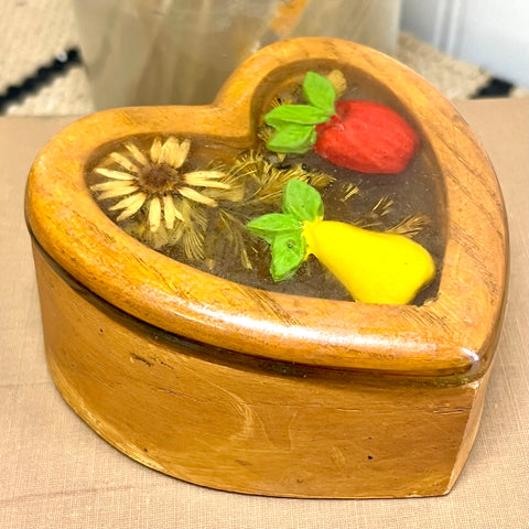 Boho Heart-Shaped Trinket Box, Resin Lid with Fruit & Flowers
