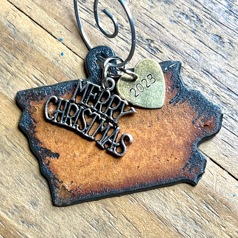 2023 Iowa Christmas Ornament with Merry Christmas Charm & Brass Heart Tag