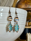Copper Leaf Earrings with Blue Patina & Agate Bead
