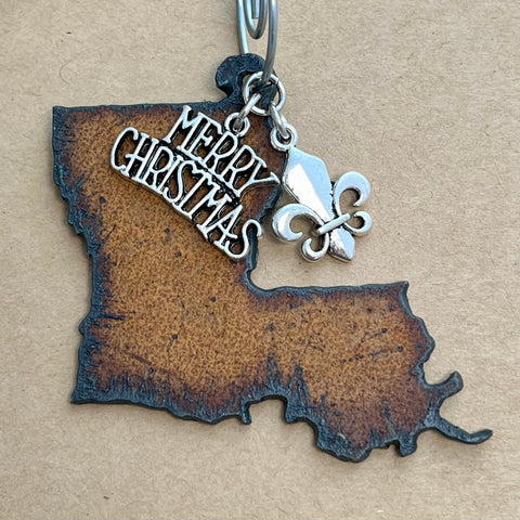 Louisiana Christmas Ornament with Merry Christmas & Fleur de Lis Charms
