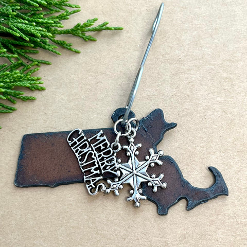 Massachusetts Ornament with Merry Christmas & Snowflake Charms