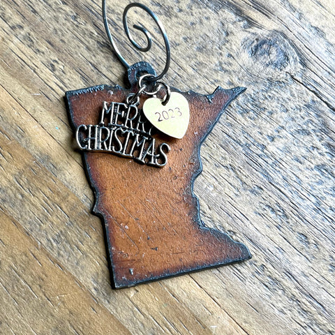 2023 Minnesota Christmas Ornament with Merry Christmas & Brass Heart Charm