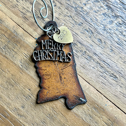 2023 Mississippi Christmas Ornament with Merry Christmas Charm & Brass Heart Tag