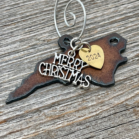 2024 North Carolina Christmas Ornament with Merry Christmas Charm & Brass Heart Tag