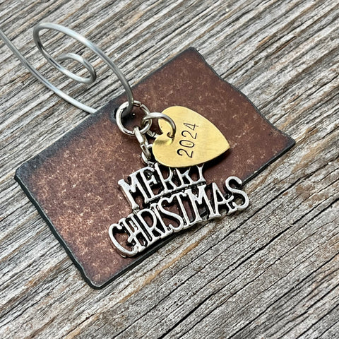 2024 North Dakota Christmas Ornament with Merry Christmas Charm & Brass Heart Tag