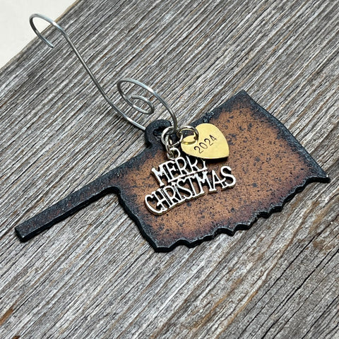 2024 Oklahoma Christmas Ornament with Merry Christmas Charm & Brass Heart Tag, SMALL