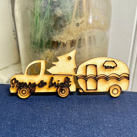 Wood Truck with Vintage Camper and Christmas Tree, Unfinished (1) - 4" inch