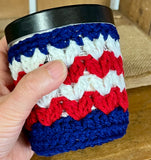Patriotic Ice Cream Pint Cozy Crochet Red White Blue Summer Holiday Dessert Sleeve