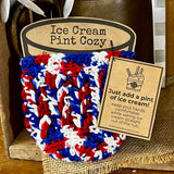 Hand-Crocheted Ice Cream Pint Cozy - Red/White/Blue Patriotic