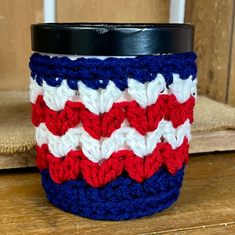 Patriotic Ice Cream Pint Cozy Crochet Red White Blue Summer Holiday Dessert Sleeve