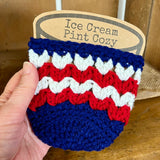 Patriotic Ice Cream Pint Cozy Crochet Red White Blue Summer Holiday Dessert Sleeve