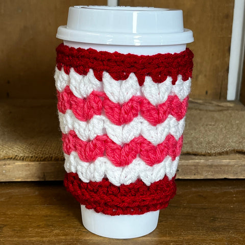Handmade Crochet Coffee Cozy - Red, White & Pink Yarn Cup Sleeve