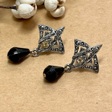 Art Deco Style Silver Earrings with Rhinestones & Black Bead Drop