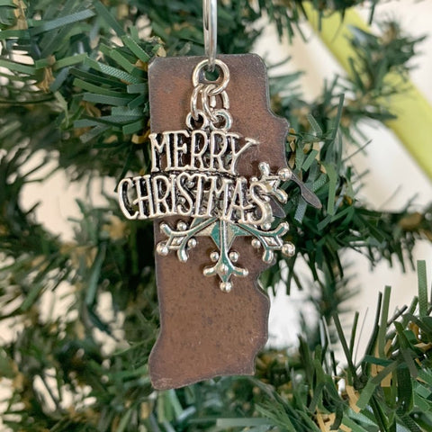 Rhode Island Christmas Ornament with Merry Christmas & Snowflake Charms