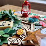 Vintage Christmas Craft Supply Pack with Bingo Card, Domino, Poker Chips, Mini Wreath & Mixed Embellishments