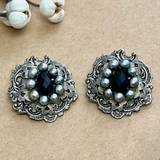 Beautiful Vintage Silver Tone Clip On Earrings with Black & Gray Beads