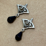 Art Deco Style Silver Earrings with Rhinestones & Black Bead Drop