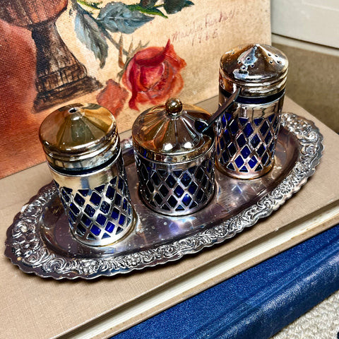 Vintage Salt & Pepper Set with Cobalt Blue Inserts