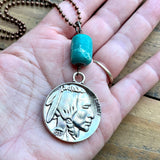 Long Buffalo Nickel Necklace with Turquoise Bead