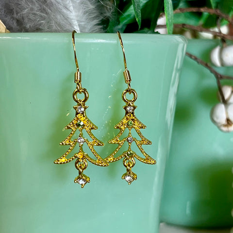 Elegant Gold Rhinestone Christmas Tree Earrings