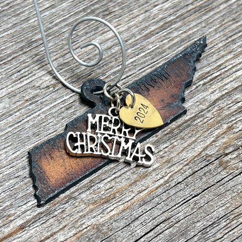 2024 Tennessee Christmas Ornament with Merry Christmas Charm & Brass Heart Tag, Small
