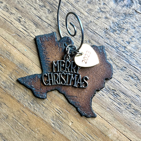 2023 Texas Christmas Ornament with Merry Christmas Charm & Brass Heart Tag, Small