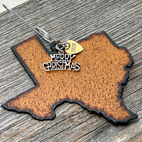 2024 Texas Christmas Ornament with Merry Christmas Charm & Brass Heart Tag, LARGE