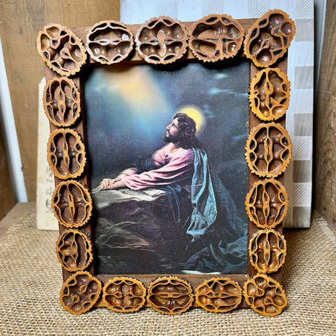 Tramp Art Walnut Shell Frame with Holograph Jesus Praying