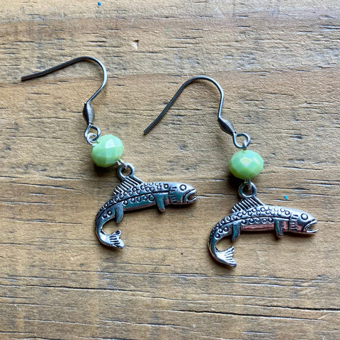 Fish Earrings with Green Bead