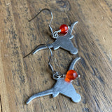 Silver Longhorn Earrings with Orange Glass Bead
