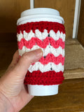 Handmade Crochet Coffee Cozy - Red, White & Pink Yarn Cup Sleeve