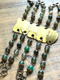 Vintage Brass Dog Tag Bracelet with Green Moss Agate Beads - 1962, 1963, 1968, 1969, 1970