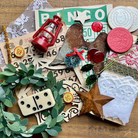 Vintage Christmas Craft Supply Pack with Bingo Card, Domino, Poker Chips, Mini Wreath & Mixed Embellishments