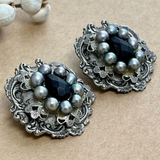 Beautiful Vintage Silver Tone Clip On Earrings with Black & Gray Beads