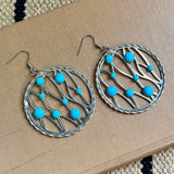 Vintage Round Silver Earrings with Turquoise Dots