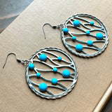 Vintage Round Silver Earrings with Turquoise Dots