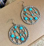 Vintage Round Silver Earrings with Turquoise Dots