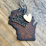 2023 Wisconsin Christmas Ornament with Merry Christmas Charm & Brass Heart Tag