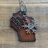 Wisconsin Christmas Ornament with Merry Christmas & Snowflake Charms