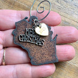 2024 Wisconsin Christmas Ornament with Merry Christmas Charm & Brass Heart Tag
