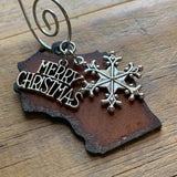Wisconsin Christmas Ornament with Merry Christmas & Snowflake Charms