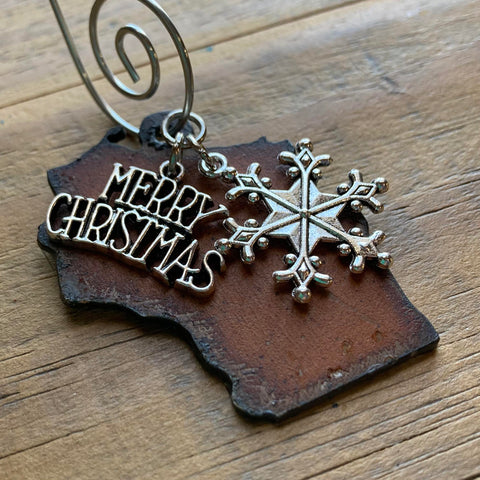 Wisconsin Christmas Ornament with Merry Christmas & Snowflake Charms