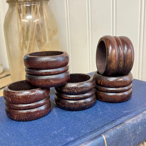 Set of 5 Dark Wood Napkin Rings with Center Line