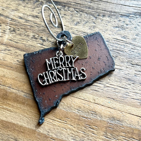 2023 Connecticut Christmas Ornament with Merry Christmas Charm & Brass Heart Tag