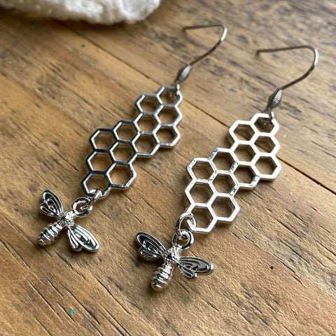 Silver Honeycomb & Bee Charm Earrings