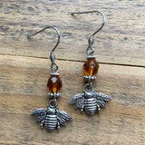 Silver Bee Charm Earrings with Honey Bead