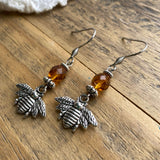 Silver Bee Charm Earrings with Honey Bead