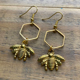 Gold Hexagon and Bee Earrings