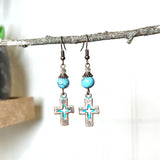 Copper Cross Earrings with Blue Patina and Turquoise Colored Stone